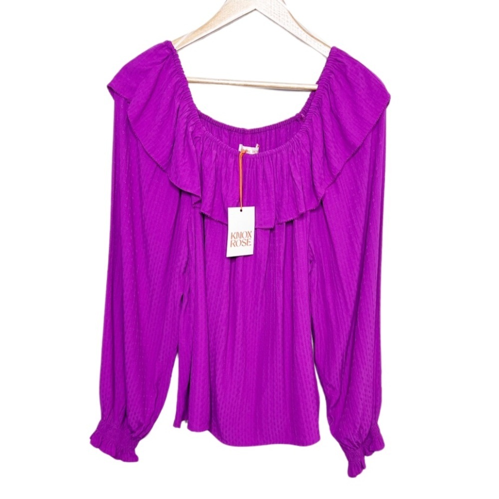 NWT Knox Rose Womens Off The Shoulder Ruffle Blouse Long Sleeve Purple Textured